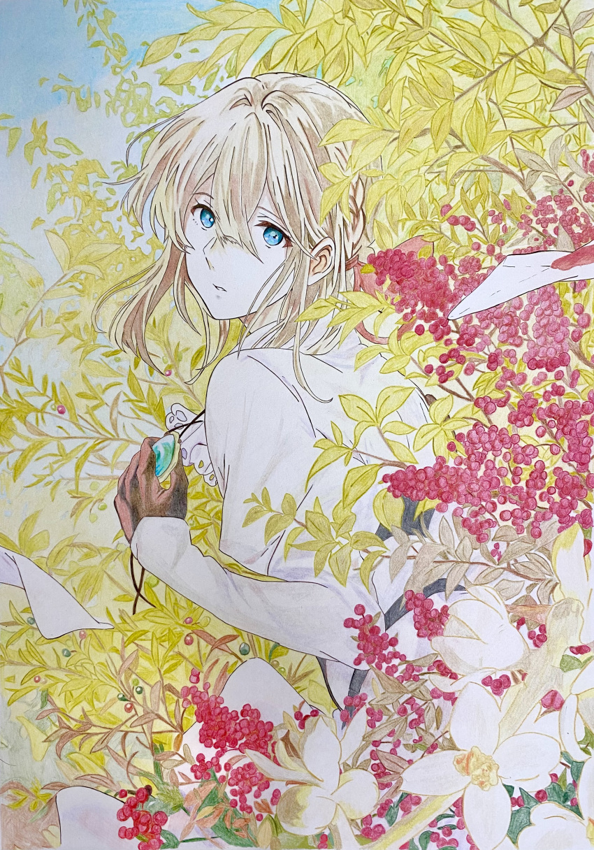 1girl absurdres black_gloves blonde_hair blue_eyes blue_sky braid colored_pencil_(medium) flower from_side gem gloves highres holding holding_jewelry holding_necklace jewelry leaf looking_at_viewer necklace outdoors parted_lips red_ribbon ribbon short_hair sky solo traditional_media violet_evergarden violet_evergarden_(character) weekly_sato white_flower
