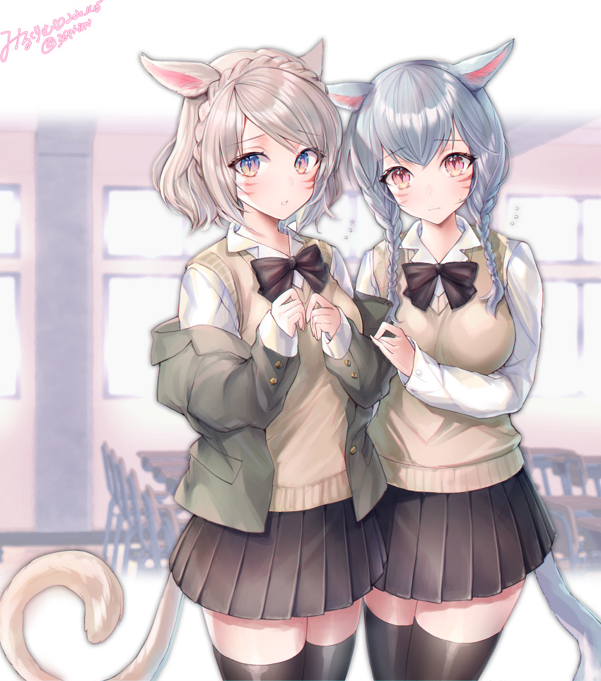 2girls absurdres animal_ears black_legwear blonde_hair blue_eyes blurry blurry_background blush bow braid cat_ears cat_tail cowboy_shot eyebrows_visible_through_hair facial_mark final_fantasy final_fantasy_xiv grey_hair highres long_hair looking_at_viewer miqo'te mirukurim multiple_girls off_shoulder pleated_skirt red_eyes school_uniform shirt short_hair skirt slit_pupils sweater_vest tail thigh-highs twin_braids whisker_markings white_shirt