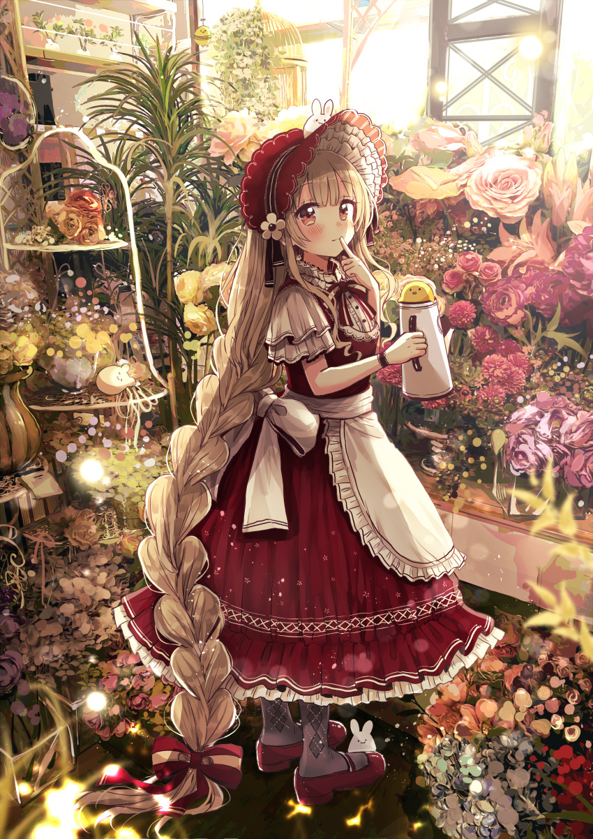 1girl absurdly_long_hair absurdres animal apron bangs bear bird blush bonnet bow braid brown_eyes brown_hair chick closed_mouth commentary_request dress eyebrows_visible_through_hair finger_to_mouth flower frilled_apron frills full_body gloves grey_legwear hair_bow hands_up highres huge_filesize indoors lolita_fashion long_hair looking_at_viewer looking_back neck_ribbon original pantyhose rabbit red_bow red_dress red_flower red_footwear red_headwear red_ribbon red_rose ribbon rose sakura_oriko shoes short_sleeves single_braid single_glove sleeveless sleeveless_dress smile solo standing very_long_hair waist_apron watering_can white_apron white_bow