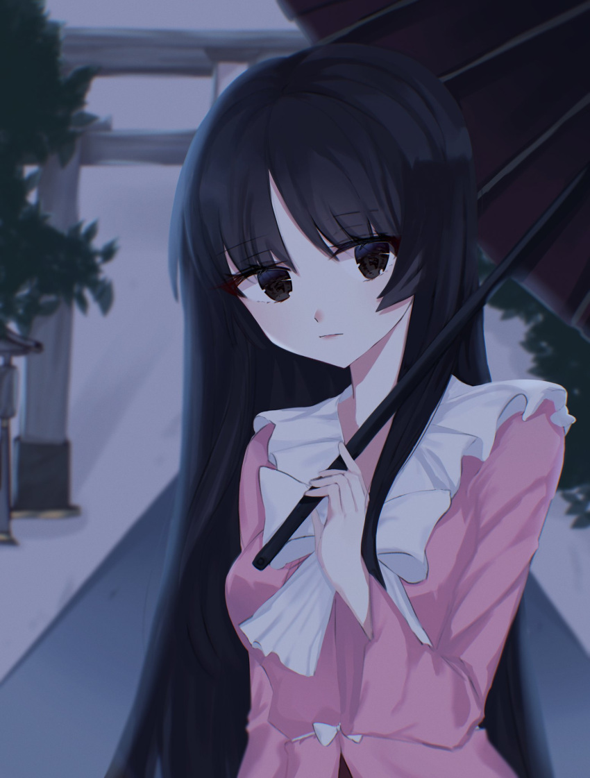 1girl bangs black_eyes black_hair black_umbrella blurry blurry_background bow closed_mouth eyebrows_visible_through_hair highres holding holding_umbrella houraisan_kaguya kitty leaf long_hair long_sleeves looking_at_viewer outdoors pink_clothes solo touhou umbrella white_bow wide_sleeves