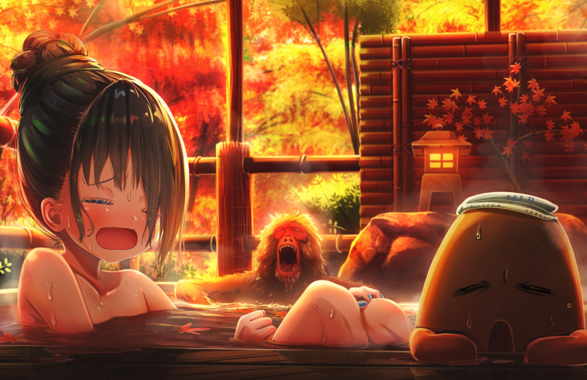 1girl abo_(kawatasyunnnosukesabu) autumn bathing black_hair closed_eyes commentary hair_bun highres monkey nail_polish onsen open_mouth original outdoors sweat towel towel_on_head wet