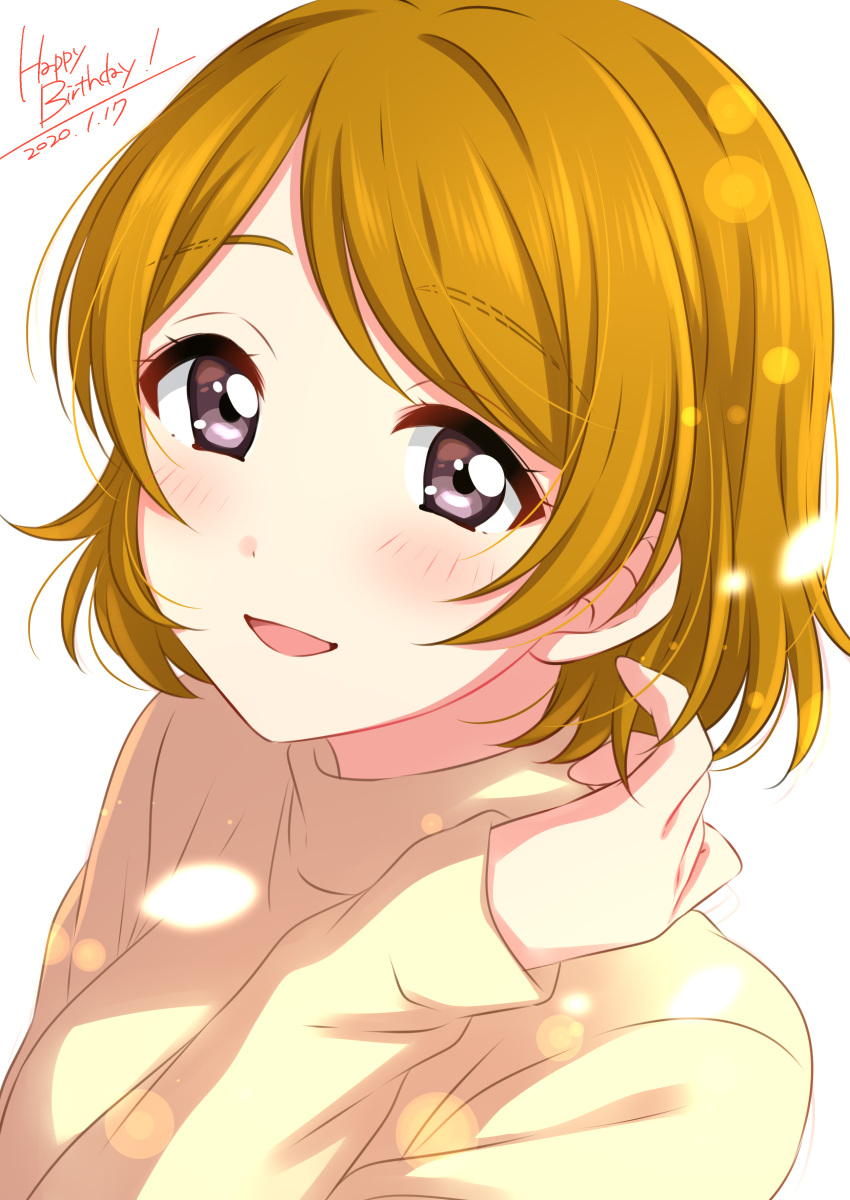 1girl :d absurdres brown_hair dated english_text hand_up happy_birthday highres koizumi_hanayo long_sleeves looking_at_viewer love_live! love_live!_school_idol_project open_mouth sekina short_hair simple_background smile solo sweater upper_body violet_eyes white_background yellow_sweater