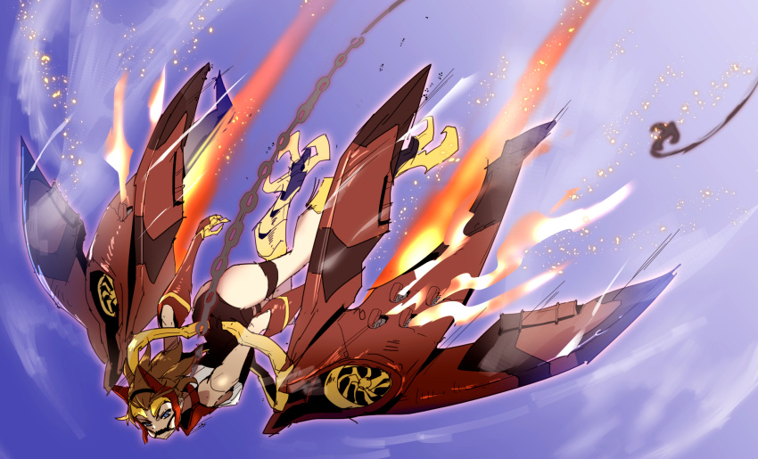 1girl ass bird_legs blue_eyes breasts brown_hair chain floating_hair flying gag gagged highres mecha_musume mechanical_arms mechanical_wings open_hand original short_hair sky small_breasts smoke solo v-shaped_eyebrows wings zhu_fun