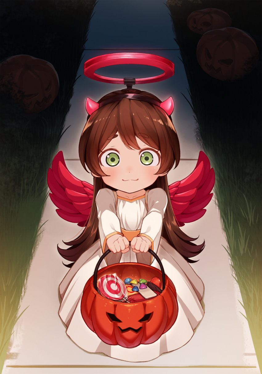 1girl absurdres angel brown_hair candy closed_mouth costume demon demon_horns dress fake_halo food grass green_eyes halloween halloween_bucket highres holding horns jack-o'-lantern lawn lollipop looking_at_viewer manamachii night original path sidewalk smile solo trick_or_treat white_dress wide-eyed