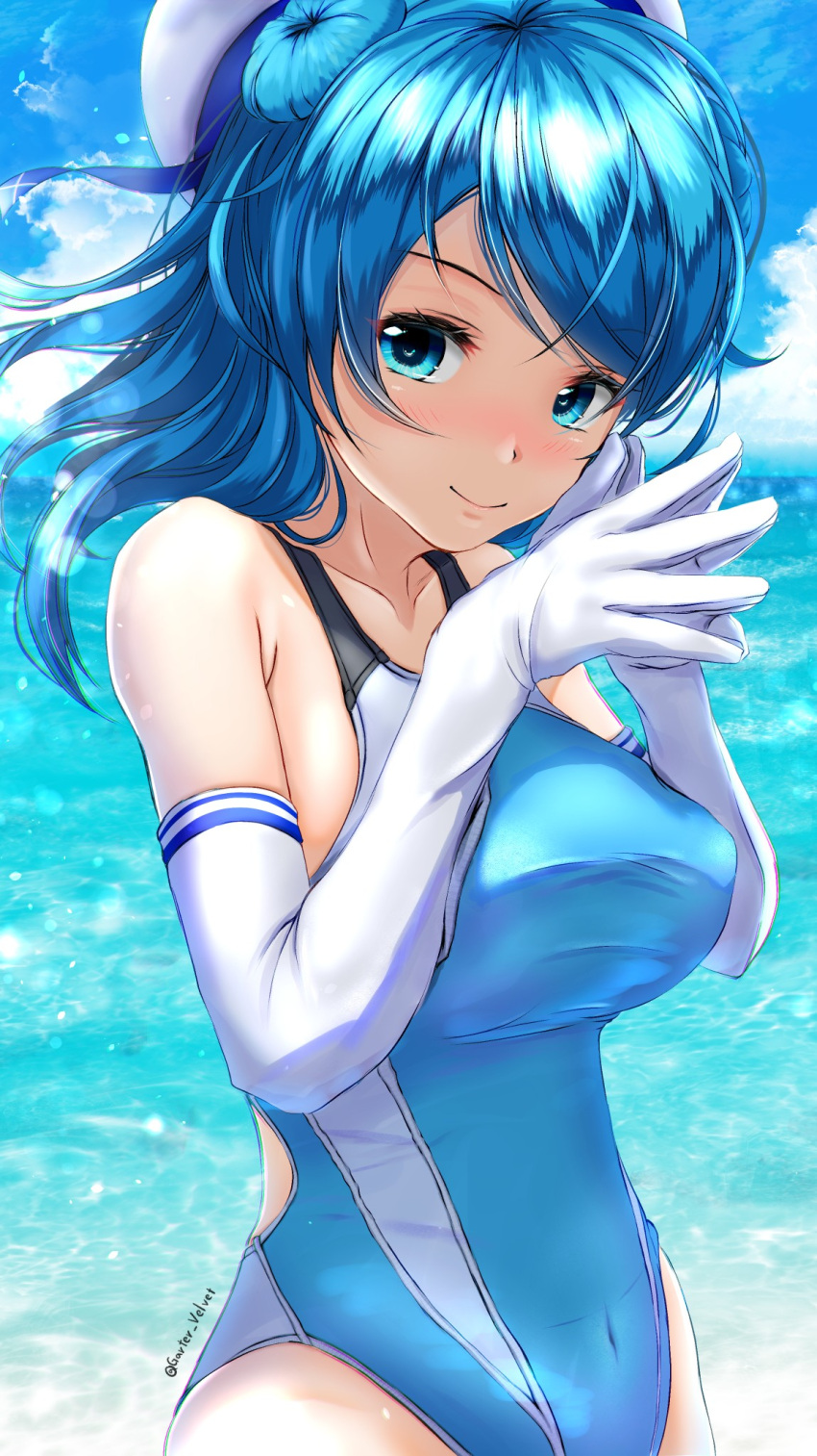 1girl beach blue_eyes blue_hair blue_sky blue_swimsuit breasts clouds cloudy_sky collarbone competition_swimsuit covered_navel covered_nipples day double_bun elbow_gloves eyebrows_visible_through_hair fingers_together garter-velvet gloves hat highres kantai_collection large_breasts looking_at_viewer ocean one-piece_swimsuit outdoors sailor_hat sky smile solo standing swimsuit twitter_username two-tone_swimsuit urakaze_(kantai_collection) water white_gloves white_headwear white_swimsuit