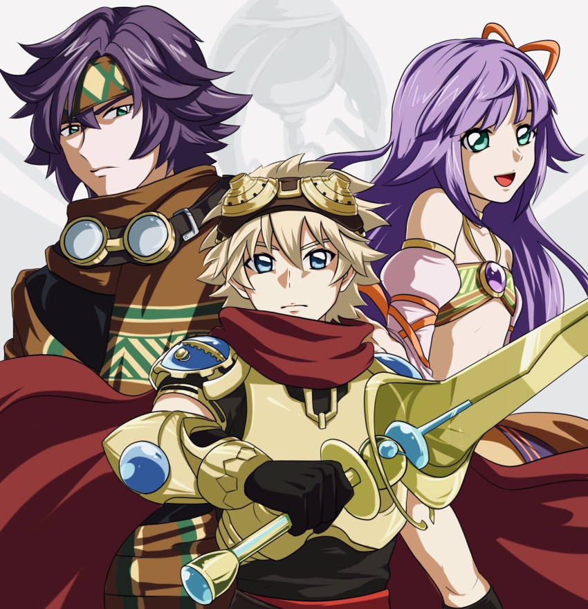 1girl 2boys armor bangs black_gloves blonde_hair blue_eyes bow character_request copyright_request detached_sleeves fantasy flat_chest gloves goggles goggles_on_head green_eyes hair_bow headband highres hirai_hisashi_(style) holding holding_sword holding_weapon long_hair looking_at_viewer looking_down multiple_boys open_mouth orange_bow parody purple_hair style_parody sword weapon zovaa