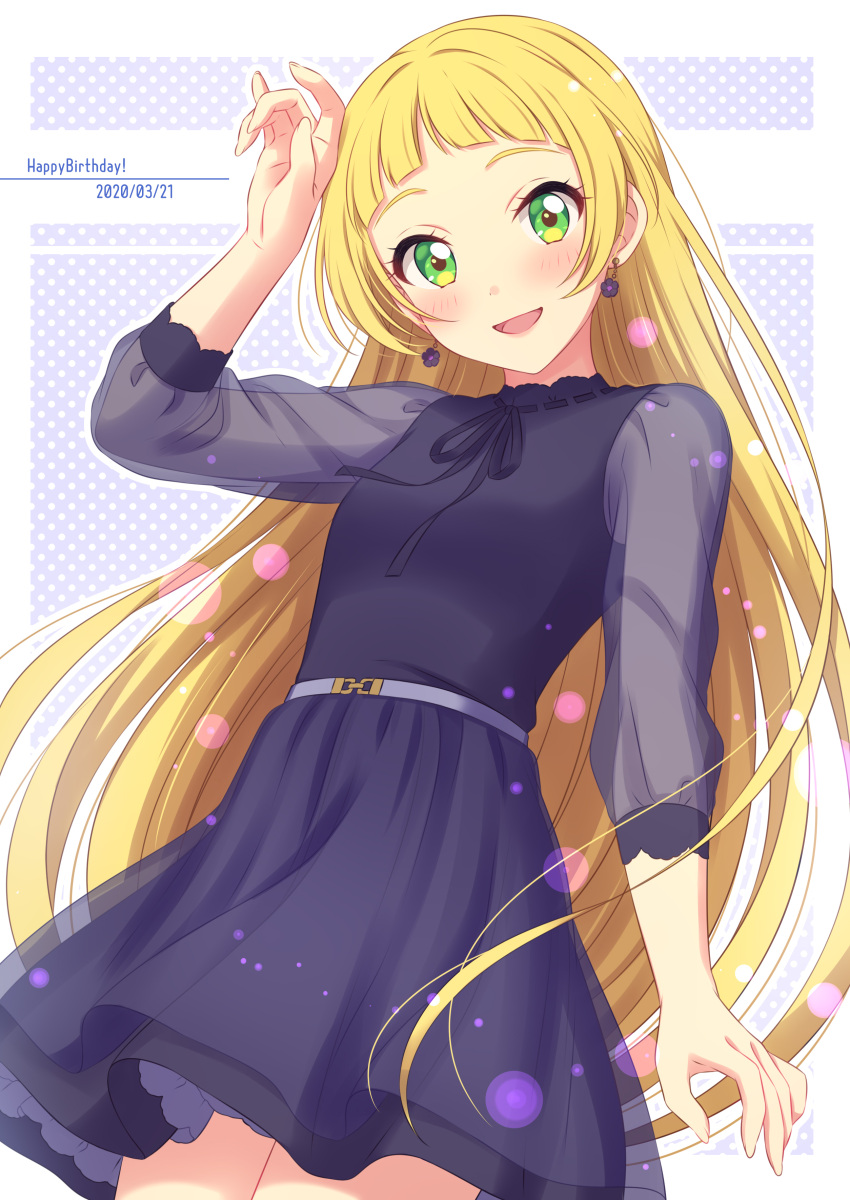 1girl :d absurdres aikatsu!_(series) aikatsu_friends! blonde_hair blush cowboy_shot dated dress earrings english_text flower_earrings green_eyes hand_up happy_birthday highres hinata_ema_(aikatsu_friends!) jewelry long_hair long_sleeves looking_at_viewer neck_ribbon open_mouth polka_dot polka_dot_background purple_background purple_dress ribbon see-through_sleeves sekina smile solo standing very_long_hair