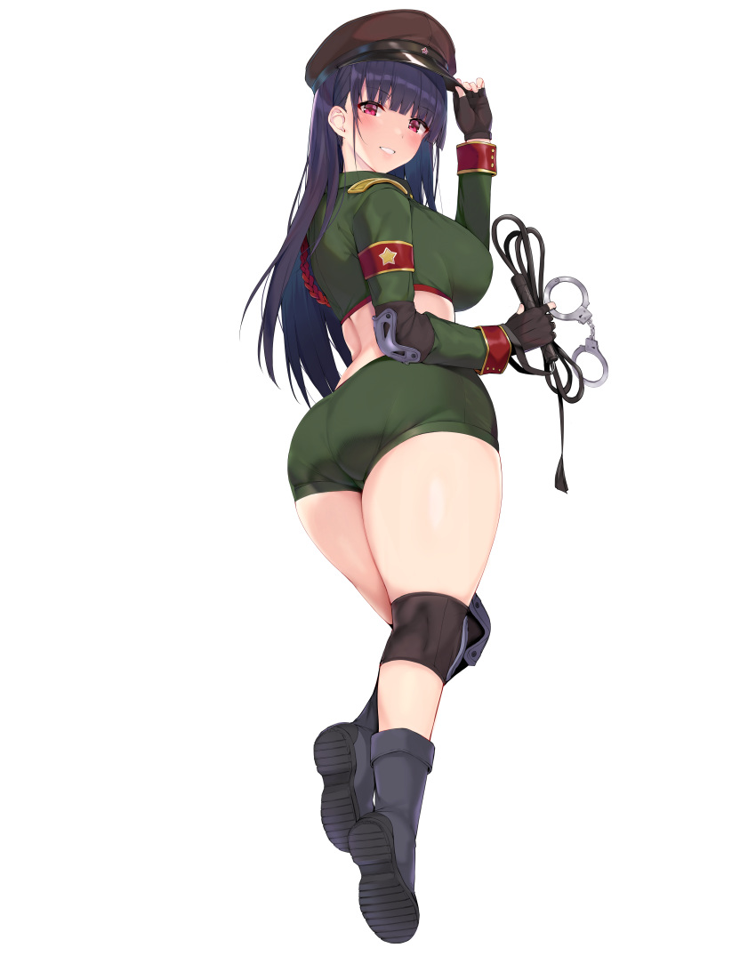 1girl absurdres ass bangs black_hair blue_gk blush boots breasts brown_gloves cropped_jacket cuffs elbow_pads fingerless_gloves gloves green_jacket green_shorts hat highres jacket large_breasts long_hair looking_at_viewer looking_back peaked_cap same_ningen short_shorts shorts simple_background smile sofia_(same_ningen) violet_eyes whip white_background