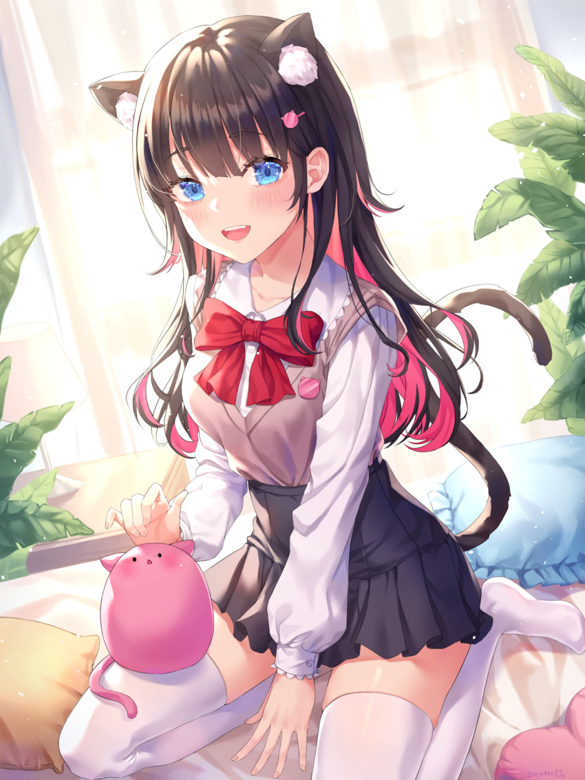 1girl :d animal_ears bed black_hair blue_eyes blue_skirt blush bow bowtie cat_ears curtains hair_ornament highres indoors long_hair long_sleeves looking_at_viewer multicolored_hair open_mouth original pantyhose pillow plant pleated_skirt seiza shirt sitting skirt smile solo soyubee tail two-tone_hair upper_teeth white_legwear white_shirt window