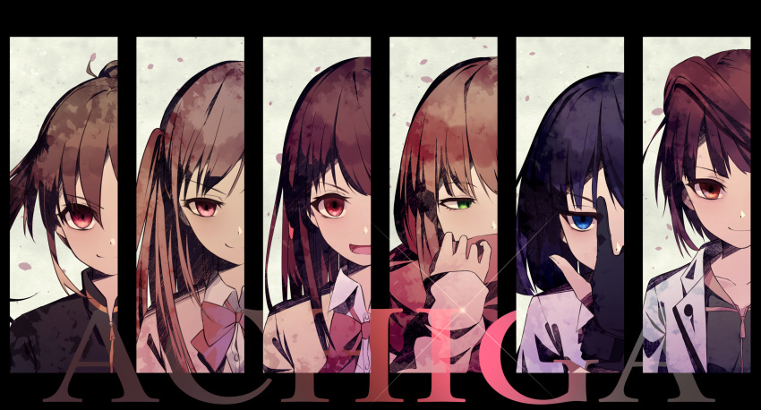 6+girls achiga_school_uniform akado_harue atarashi_ako bangs black_gloves black_hair black_jacket blue_eyes blunt_ends bob_cut bow bowling_glove brown_eyes brown_hair cardigan closed_mouth commentary diffraction_spikes dress_shirt gloves half-closed_eyes highres jacket long_hair long_sleeves looking_at_viewer matsumi_kuro matsumi_yuu multiple_girls open_mouth pink_cardigan pink_scarf ponytail red_bow red_eyes red_neckwear redhead romaji_text sagimori_arata saki saki_achiga-hen scarf school_uniform shirt short_hair shun'ya_(daisharin36) smile takakamo_shizuno track_jacket two_side_up violet_eyes white_jacket white_shirt wing_collar zipper