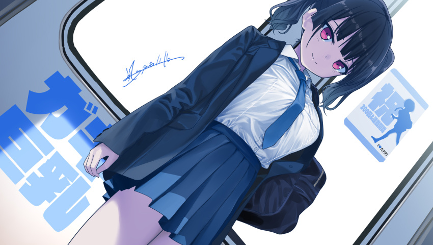 1girl bag black_hair breasts cardigan dutch_angle kaedeko_(kaedelic) large_breasts necktie original pleated_skirt school_bag school_uniform skirt smile solo train_interior twintails violet_eyes