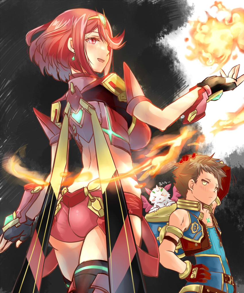 1girl 2boys azurda_(xenoblade) bangs black_gloves breasts chest_jewel earrings fingerless_gloves fire gloves highres jewelry large_breasts multiple_boys pyra_(xenoblade) red_eyes red_legwear red_shorts redhead rex_(xenoblade) shiroxai short_hair short_shorts shorts swept_bangs thigh-highs tiara xenoblade_chronicles_(series) xenoblade_chronicles_2