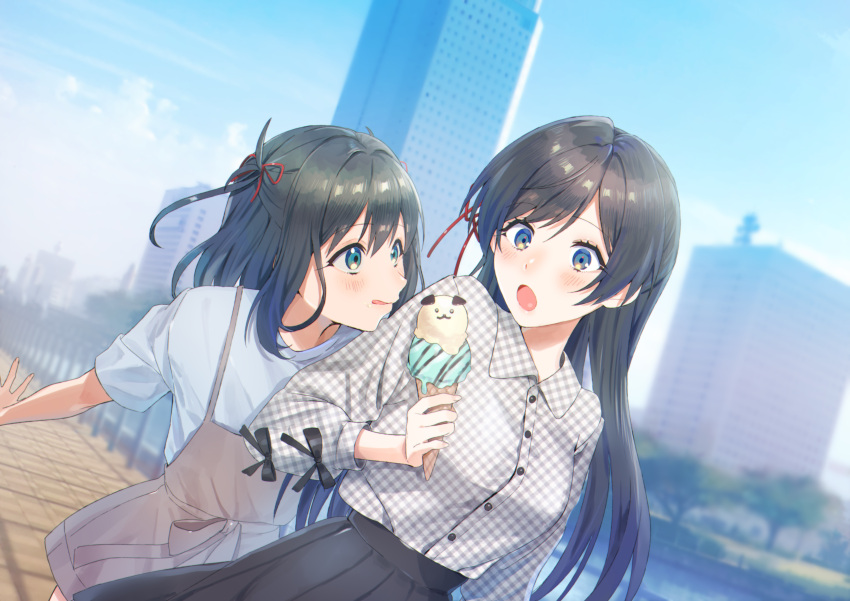 2girls absurdres bangs black_hair black_skirt blue_eyes blue_sky blurry blurry_background building canal checkered checkered_shirt cityscape clouds collared_shirt commentary_request cover cover_page day dutch_angle eyebrows_visible_through_hair food hair_ribbon highres holding holding_food huge_filesize ice_cream ice_cream_cone long_hair multiple_girls novel_cover novel_illustration official_art open_mouth original outdoors overall_skirt railing ribbon shirt simple_background sinomi skirt sky skyscraper tree white_shirt