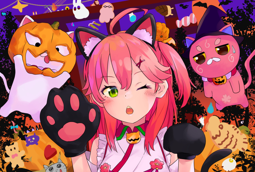 1girl 35p_(sakura_miko) ahoge animal_ear_fluff animal_ears ankimo_(tokino_sora) bat bibi_(tokoyami_towa) blush cat cat_ears cat_paws cat_tail character_request chestnut_mouth creature daifuku_(yukihana_lamy) ebi_frion_(natsuiro_matsuri) eyebrows_visible_through_hair fake_animal_ears fang food green_eyes hair_ornament halloween hat highres hololive kintoki_(sakura_miko) neko_(minato_aqua) one_eye_closed open_mouth oruyanke_(shirakami_fubuki) paw_pose paws pink_hair pumpkin_mask sakura_miko sowa_snow subaru_duck sweatdrop tail taiyaki virtual_youtuber wagashi witch_hat x_hair_ornament