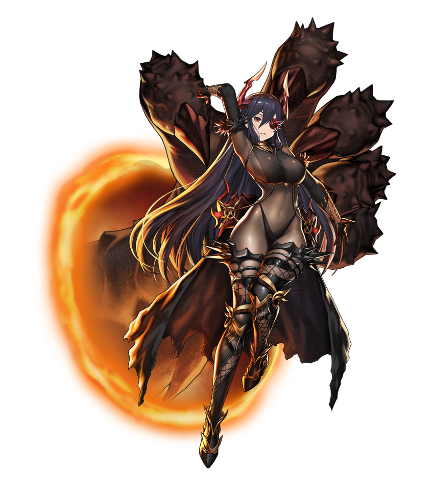 1girl arm_up black_hair bodysuit breasts brown_dust chain claws copyright_name demon demon_girl demon_horns disembodied_appendage disembodied_limb english_text fire floating floating_object flower_eyepatch full_body fur_trim gauntlets gloves glowing glowing_eye greaves grin hair_between_eyes high_heels highres horns large_breasts leotard levia_(brown_dust) long_hair official_art portal_(object) red_eyes smile solo_focus spikes torn_clothes transparent_background very_long_hair waist_cape