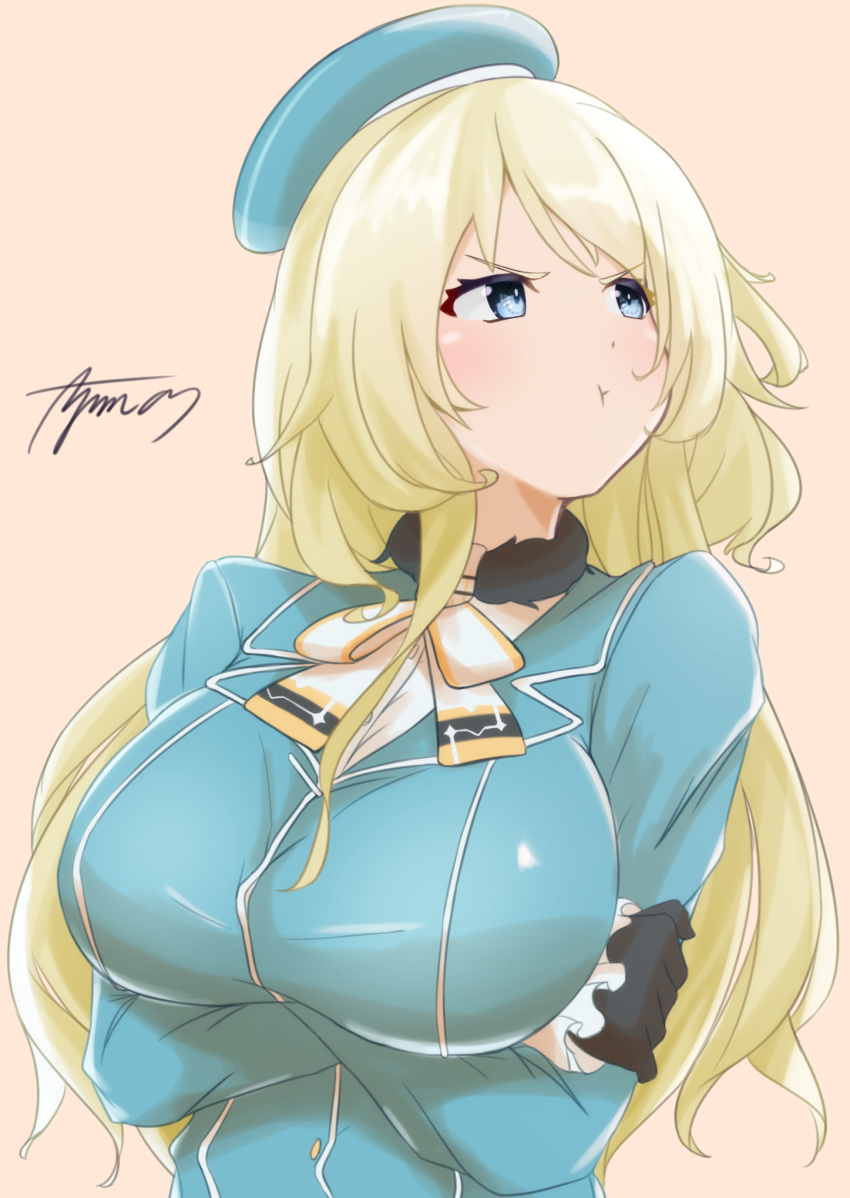 1girl atago_(kantai_collection) ayuman beige_background beret black_gloves blonde_hair blue_headwear breasts commentary_request crossed_arms gloves hat highres kantai_collection large_breasts long_hair looking_to_the_side military military_uniform pout signature simple_background solo uniform upper_body