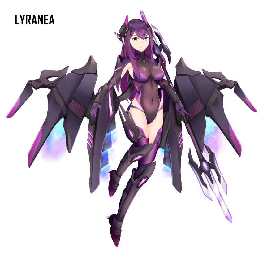 1girl breasts character_name covered_navel energy english_commentary floating heterochromia highres holding holding_lance holding_polearm holding_weapon lance long_hair looking_at_viewer mecha_musume mechanical_wings medium_breasts open_hand original polearm purple_hair red_eyes rzv science_fiction smile solo violet_eyes weapon white_background wings