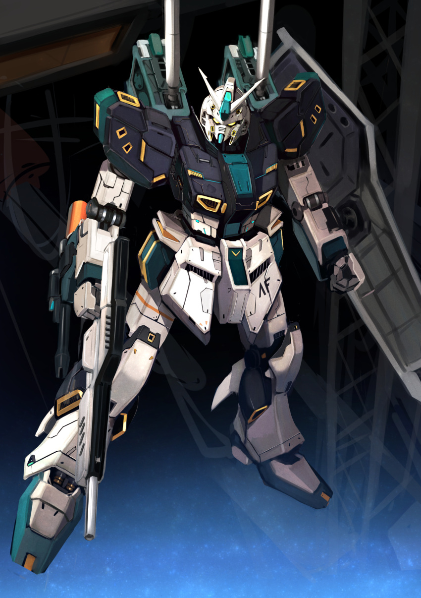 absurdres beam_rifle black_background commentary_request energy_gun full_body gun gundam gundam_msv highres holding holding_gun holding_weapon looking_at_viewer lumo_1121 mecha no_humans nu_gundam_mp_type shield v-fin weapon yellow_eyes