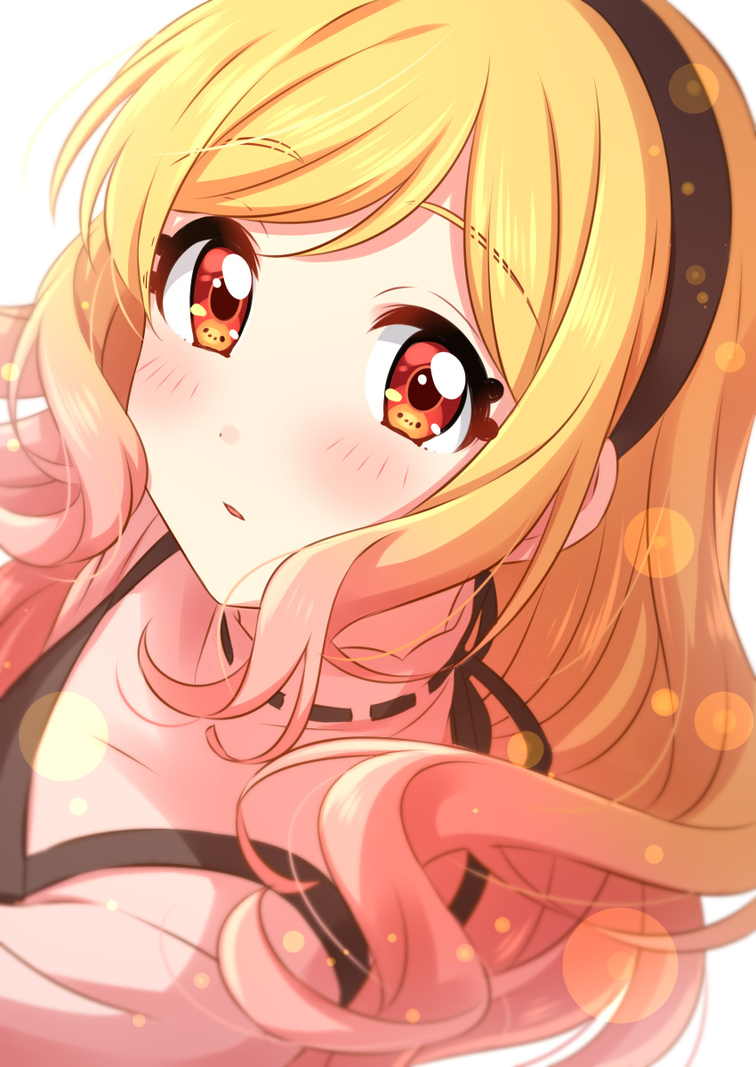 1girl absurdres aikatsu! aikatsu!_(series) blonde_hair blush from_side gradient_hair hairband highres long_hair looking_at_viewer looking_to_the_side multicolored_hair nijino_yume parted_lips pink_hair pink_shirt red_eyes sekina shirt solo upper_body