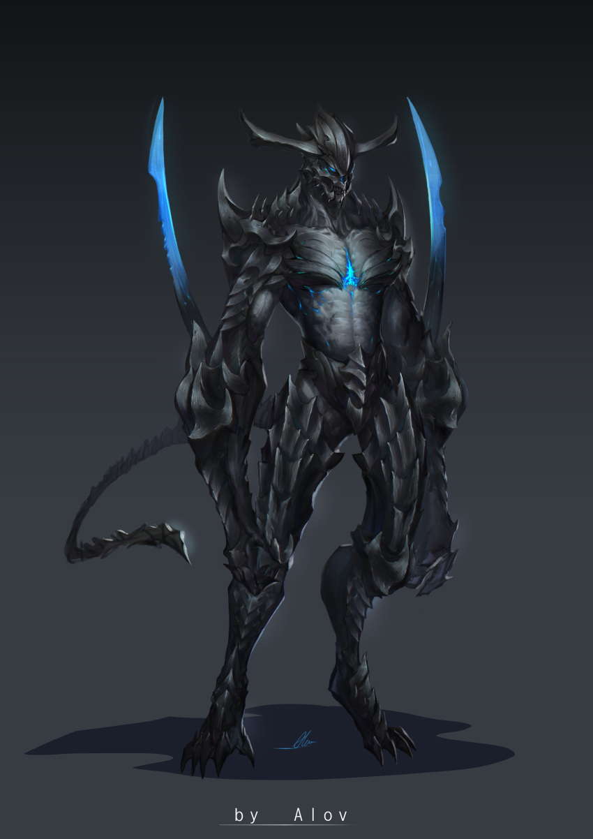 abs absurdres alov blade blue_eyes claws collarbone demon demon_horns demon_tail english_text glowing glowing_eyes gradient gradient_background grey_skin highres horns long_arms monster muscle original signature spikes standing tail teeth weapon
