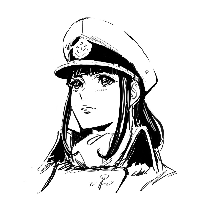 1girl bangs black_eyes black_hair hat head_only highres long_hair looking_up monochrome sketch solo toudou_saki_(uchuu_senkan_yamato) uchuu_senkan_yamato uchuu_senkan_yamato_2202:_ai_no_senshi-tachi umeno_ryuuji uniform white_background worried