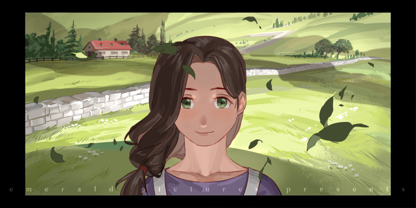 1girl apron artist_name brick_wall brown_hair building close-up closed_mouth collarbone day derivative_work dress face fence flower fullmetal_alchemist grass green_eyes happy holy_pumpkin house leaf letterboxed long_hair looking_at_viewer low_ponytail nature outdoors purple_dress road scenery screencap_redraw shadow side_ponytail smile solo tareme tied_hair tree trisha_elric upper_body wall white_flower wind wind_lift