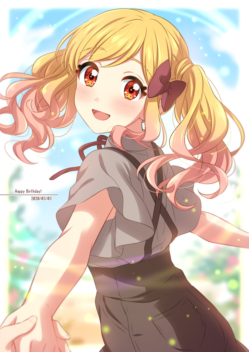 1girl :d absurdres aikatsu!_(series) aikatsu_stars! blonde_hair blurry blurry_background blush border bow brown_skirt dated english_text from_behind gradient_hair grey_shirt hair_bow happy_birthday highres looking_at_viewer looking_back multicolored_hair nijino_yume open_mouth pink_hair pov pov_hands red_bow sekina shirt short_sleeves skirt smile solo_focus standing suspender_skirt suspenders turning_head twintails white_border