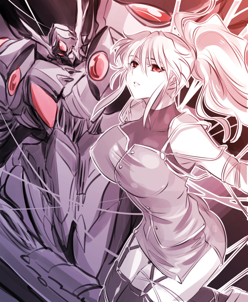 1girl absurdres bangs breasts commentary dark_persona excellen_browning floating floating_hair highres horns ishiyumi large_breasts long_hair looking_at_viewer mecha parted_lips ponytail rein_weissritter ribbon sleeveless spot_color super_robot_wars super_robot_wars_original_generation thigh-highs thigh_strap