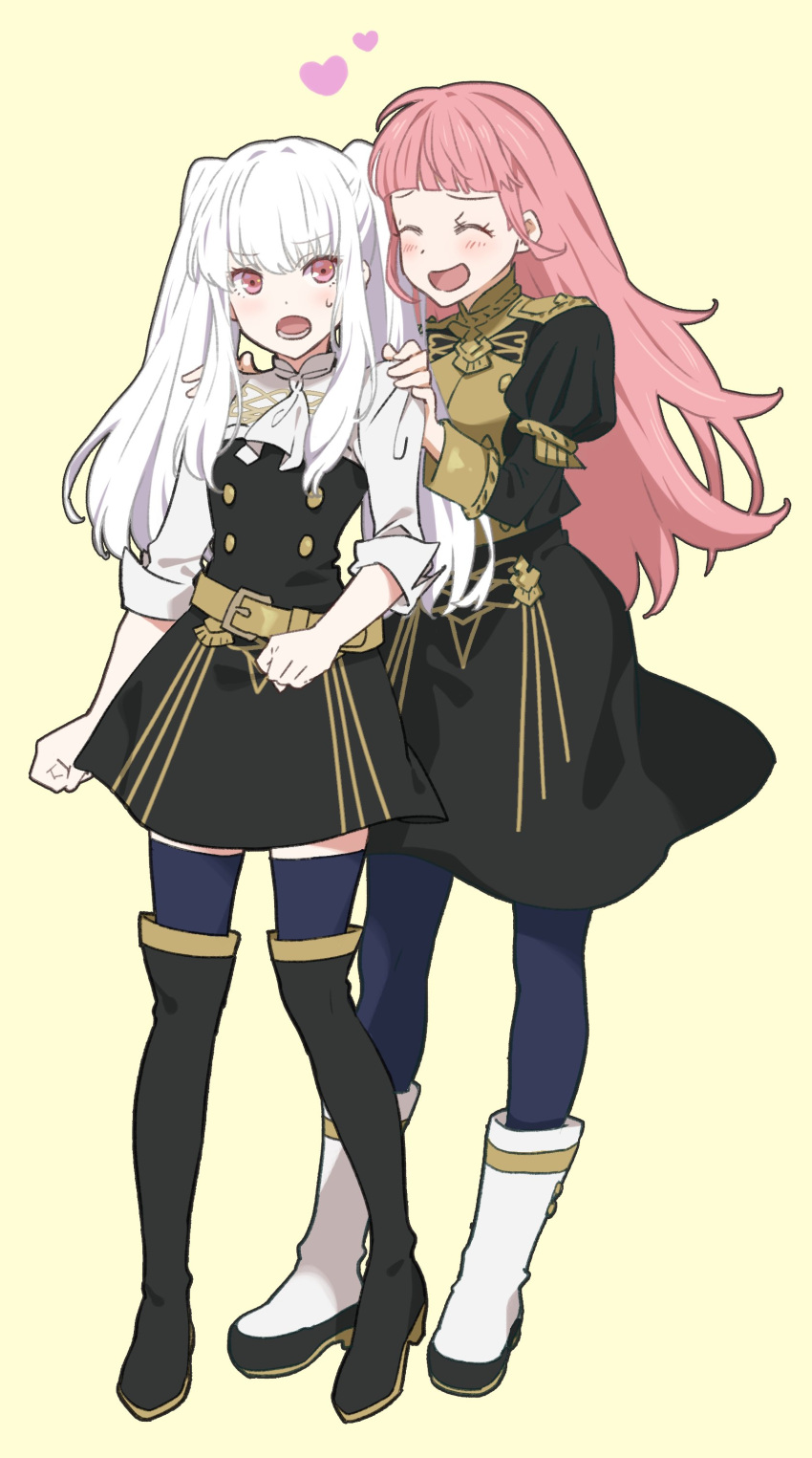 2girls absurdres alternate_costume alternate_hairstyle asao_(vc) breasts fire_emblem fire_emblem:_three_houses fire_emblem_heroes garreg_mach_monastery_uniform highres hilda_valentine_goneril long_hair looking_at_another lysithea_von_ordelia multiple_girls open_mouth pink_hair white_background white_hair