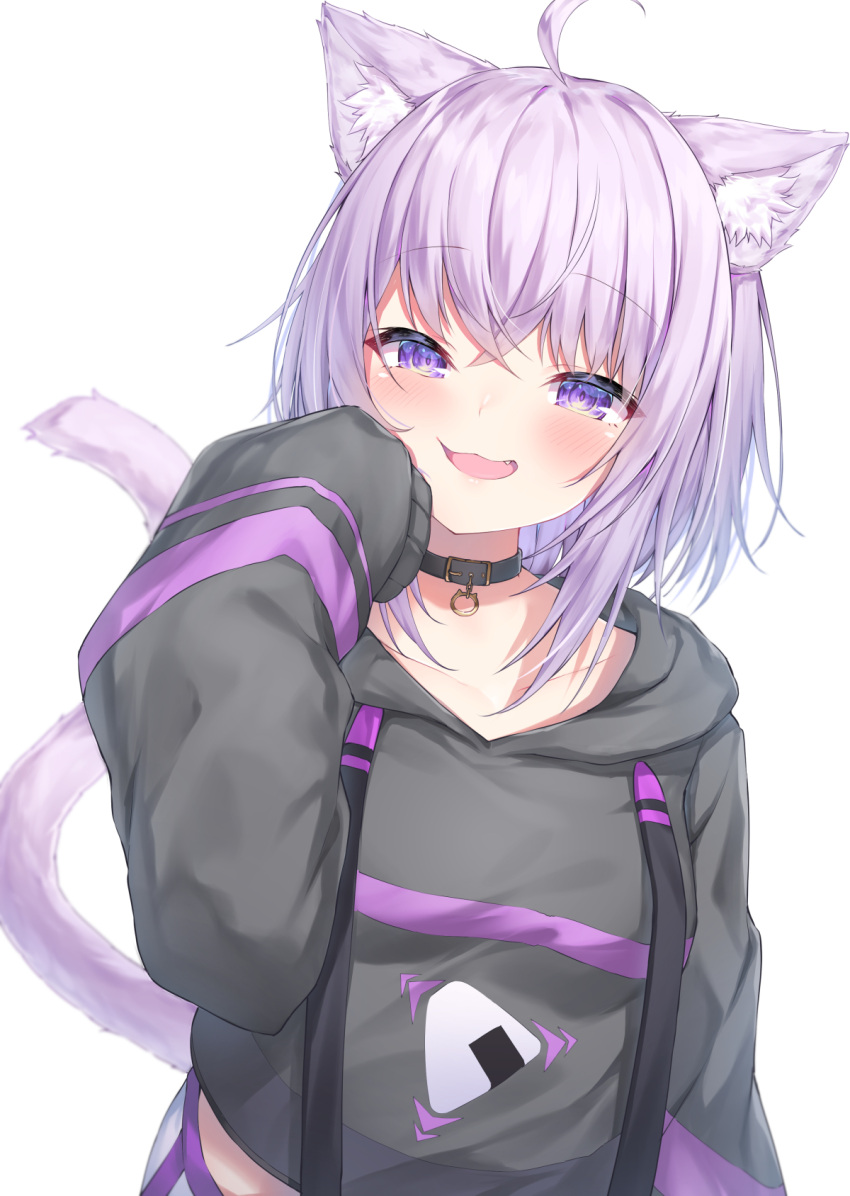 1girl :3 ahoge animal_ear_fluff animal_ears black_choker black_hoodie blush breasts cat_ears cat_tail cheek_squash choker commentary_request cowboy_shot eyebrows_visible_through_hair fang hair_between_eyes hand_on_own_cheek hand_on_own_face highres hololive hood hoodie light_purple_hair looking_at_viewer medium_breasts medium_hair midriff nekomata_okayu onigiri_print open_mouth pants sleeves_past_fingers sleeves_past_wrists smile solo tail topia violet_eyes virtual_youtuber white_pants