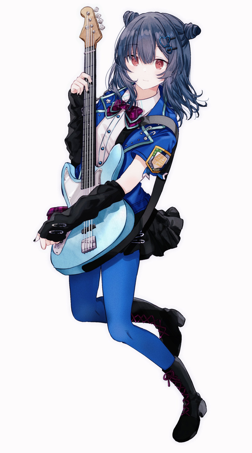 1girl absurdres bass_guitar black_footwear black_nails black_skirt blue_hair blue_leotard boots bow bowtie costume detached_sleeves double_bun full_body gocoli hair_ornament hairclip highres holding holding_instrument idolmaster idolmaster_shiny_colors instrument knee_boots leotard long_hair looking_at_viewer miniskirt morino_rinze nail_polish pantyhose red_eyes shirt short_sleeves skirt solo white_background white_shirt