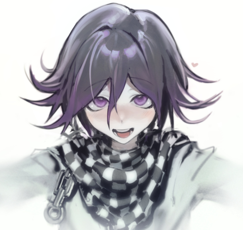 1boy bangs black_hair blurry chain checkered checkered_scarf commentary dangan_ronpa depth_of_field face hair_between_eyes heart highres jacket kyandii looking_at_viewer male_focus messy_hair multicolored_hair new_dangan_ronpa_v3 open_mouth ouma_kokichi purple_hair scarf short_hair simple_background smile solo straitjacket two-tone_hair upper_body violet_eyes white_background white_jacket