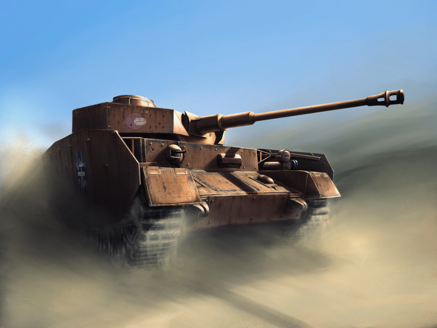 absurdres anglerfish blue_sky clear_sky commentary day desert dust_cloud emblem girls_und_panzer ground_vehicle highres makky_(yami_chang) military military_vehicle motion_blur motor_vehicle no_humans ooarai_(emblem) outdoors panzerkampfwagen_iv sky tank tank_focus vehicle_focus