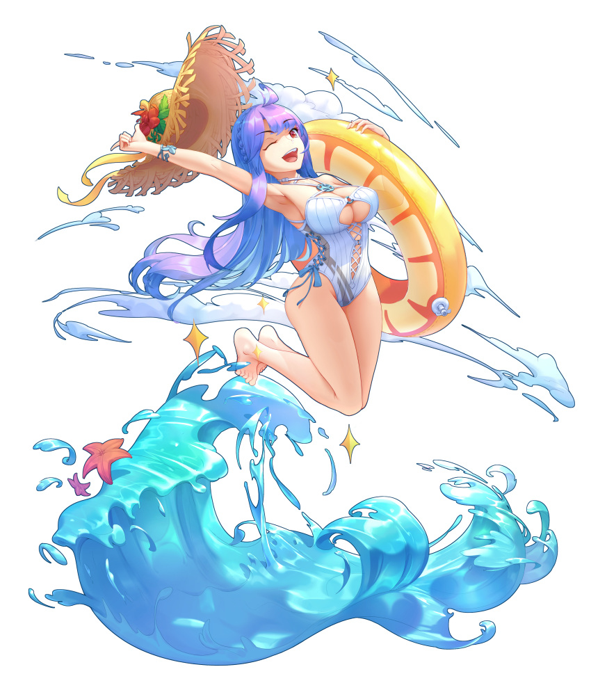 1girl ;d absurdres bangs bare_legs barefoot blue_hair blue_swimsuit blunt_bangs braid breasts cross-laced_clothes cross-laced_swimsuit crown_braid eyebrows_visible_through_hair finaru-dorim flower full_body hat hat_flower highres innertube jumping long_hair one-piece_swimsuit one_eye_closed open_mouth purple_hair red_eyes simple_background smile solo sorakado_ao starfish straw_hat summer_pockets sun_hat swimsuit water white_background