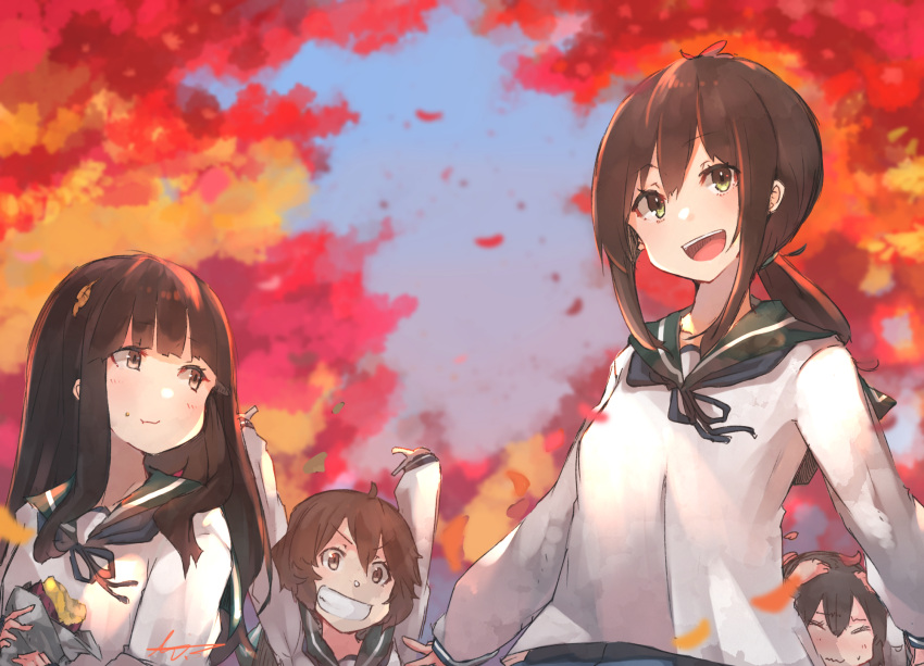 4girls adapted_costume alternate_sleeve_length autumn_leaves black_eyes black_hair blue_sailor_collar food fubuki_(kantai_collection) grin hatsuyuki_(kantai_collection) highres isonami_(kantai_collection) kantai_collection long_hair long_sleeves low_ponytail miyuki_(kantai_collection) multiple_girls ponytail sailor_collar short_hair short_ponytail sidelocks signature smile sunday_aki sweet_potato upper_body