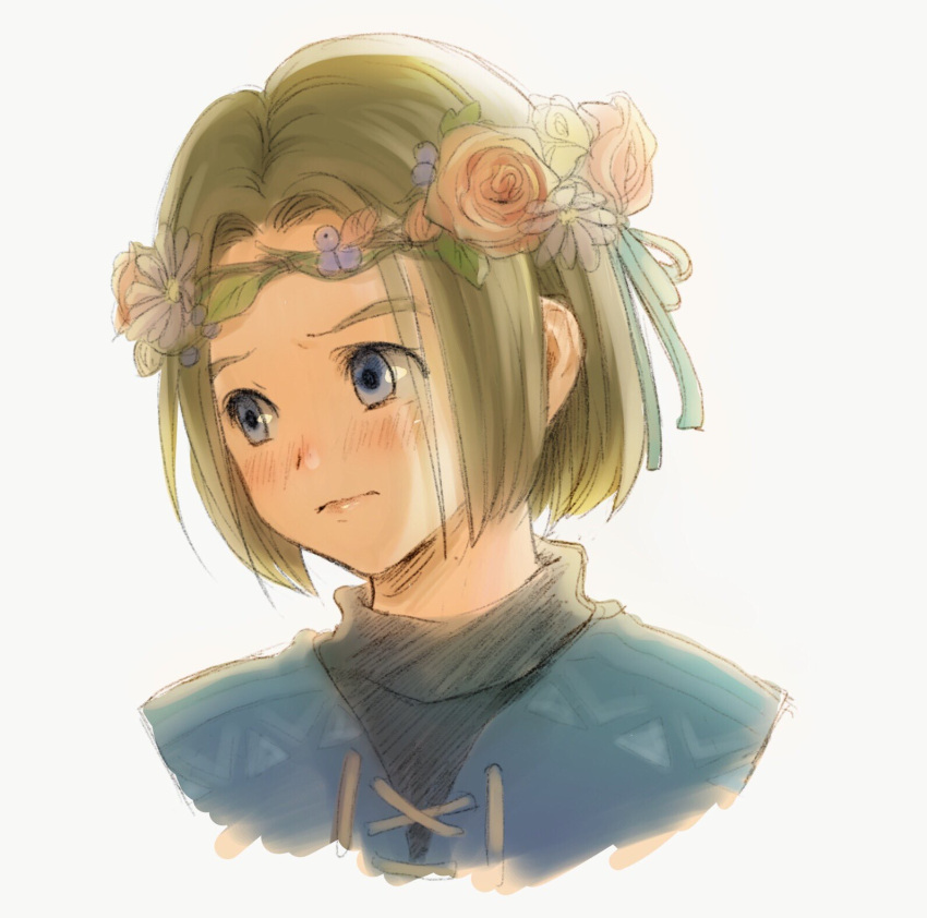 1boy bangs blue_eyes blush brown_hair commentary_request cropped_shoulders dragon_quest dragon_quest_xi flower flower_wreath hair_flower hair_ornament head_wreath hero_(dq11) highres looking_to_the_side mondi_hl parted_bangs rose short_hair simple_background solo white_background wreath