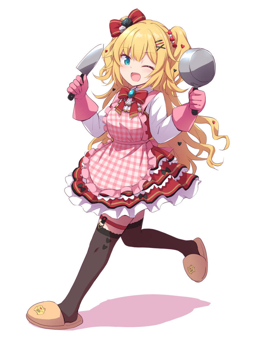1girl ;d akai_haato apron bangs black_flower black_legwear black_rose blonde_hair blue_eyes bow brooch brown_footwear collared_shirt colored_shadow commentary_request dress eyebrows_visible_through_hair flower frilled_apron frills full_body gingham_apron gloves hair_bow hair_ornament hairclip hands_up heart heart_hair_ornament highres holding holding_knife hololive jewelry knife layered_dress long_hair long_sleeves looking_at_viewer marugoshi_(54burger) one_eye_closed open_mouth pink_gloves pleated_dress pot red_bow red_dress rose running shadow shirt sleeveless sleeveless_dress slippers smile solo striped striped_bow thigh-highs thigh_strap two_side_up very_long_hair virtual_youtuber white_background white_flower white_rose white_shirt x_hair_ornament