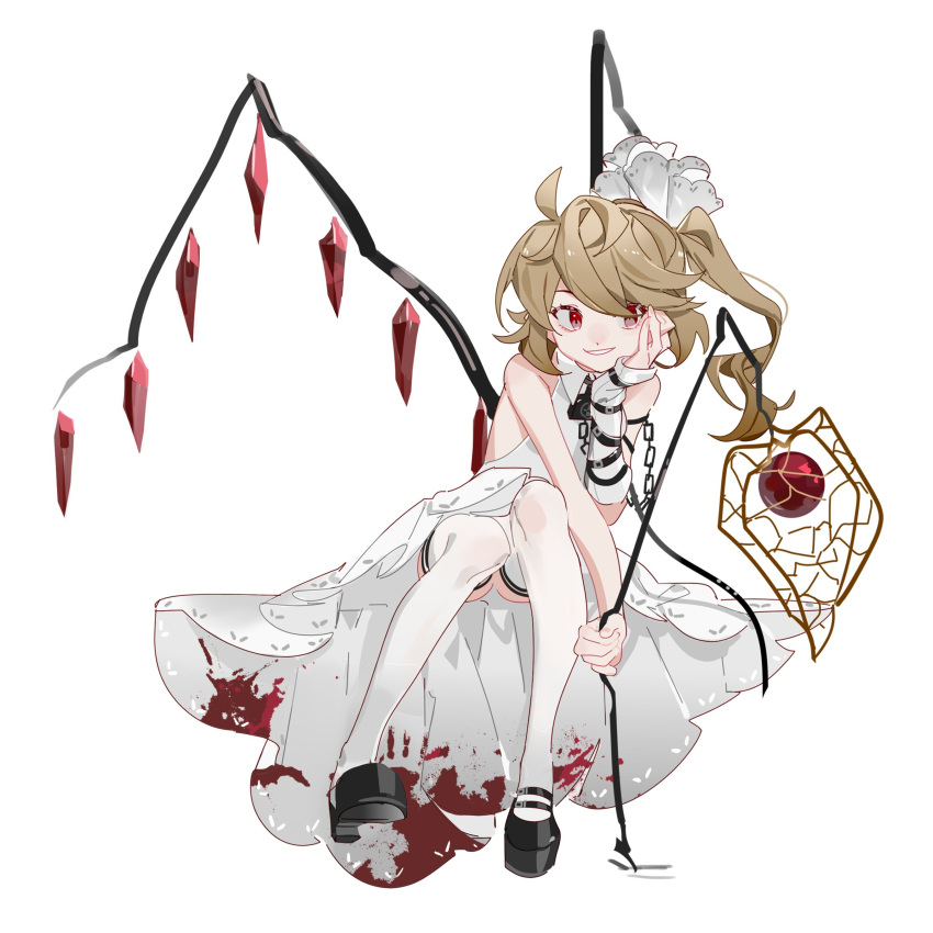 absurdres aibivy alternate_color alternate_costume bare_shoulders black_footwear blonde_hair blood bloody_clothes bloody_dress chain chinese_lantern_(plant) commentary_request crystal detached_sleeves dress flandre_scarlet full_body grin hair_ribbon hand_on_own_cheek highres long_hair no_hat no_headwear platform_footwear red_eyes ribbon shoes side_ponytail simple_background single_sleeve sitting smile thigh-highs touhou white_background white_dress white_legwear white_ribbon wings