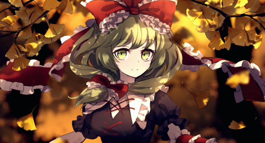 1girl autumn autumn_leaves blurry blurry_background blurry_foreground bow depth_of_field dise dress eyebrows_visible_through_hair fire frills front_ponytail green_eyes green_hair hair_ribbon highres kagiyama_hina leaf long_hair looking_at_viewer outdoors puffy_short_sleeves puffy_sleeves ribbon short_sleeves smile solo touhou upper_body