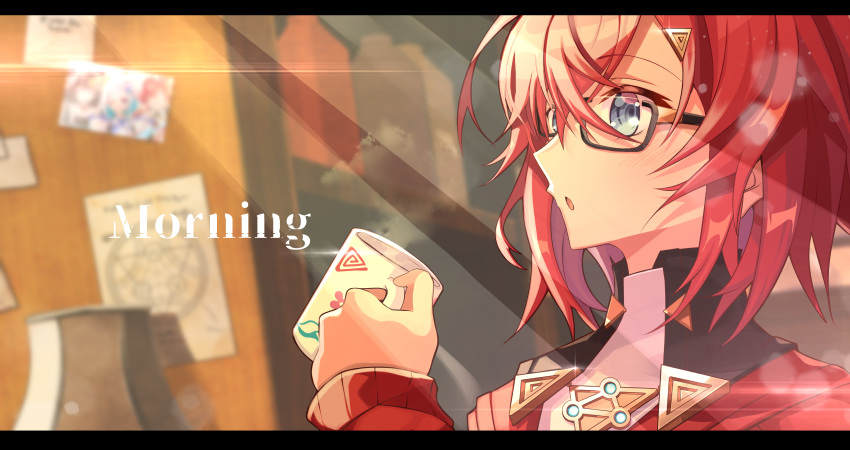 1girl :o absurdres ange_katrina blue_eyes close-up cup english_text from_side glasses hair_ornament highres holding holding_cup lamp light_blush looking_up morning mug nijisanji open_mouth papa-kun_(destiny549-2) photo_(object) redhead short_hair solo sunlight triangle_hair_ornament virtual_youtuber
