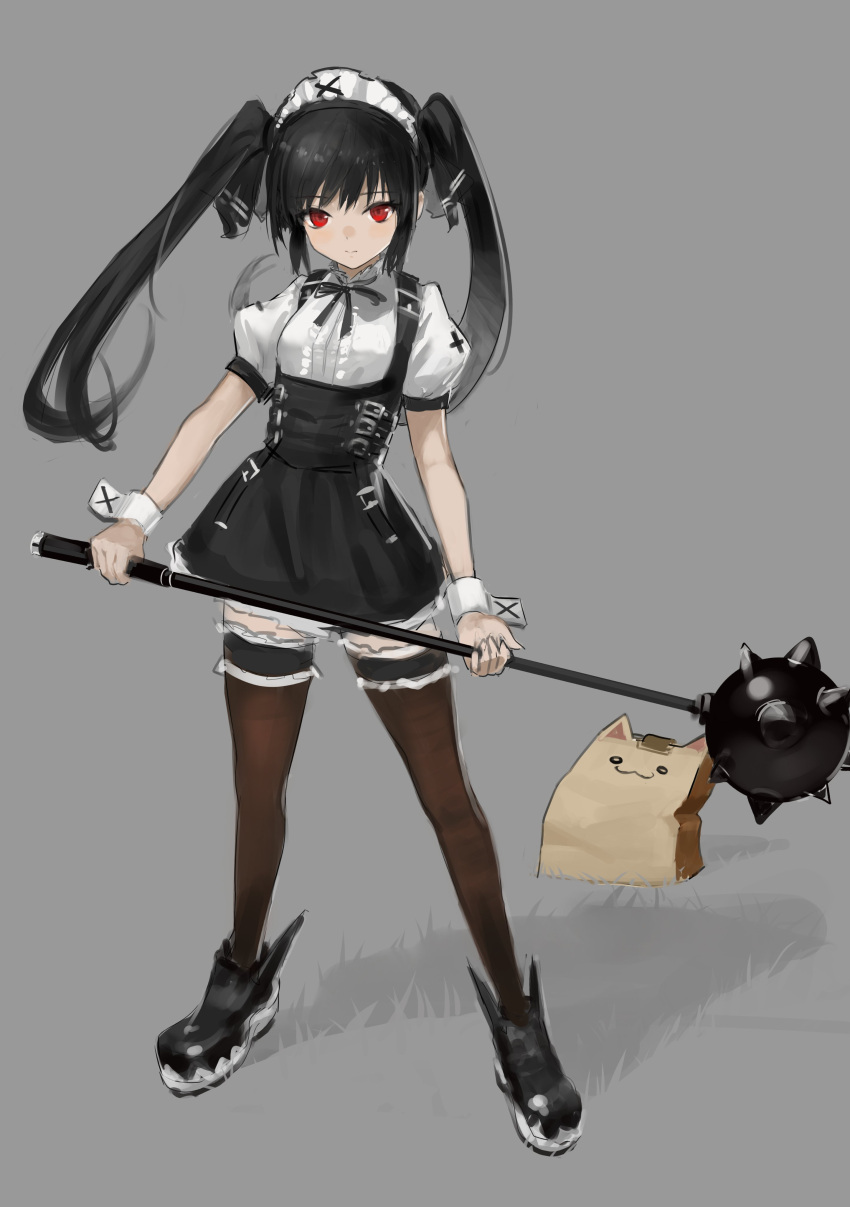 1girl :3 absurdres animal_ears bag bangs black_dress black_footwear black_hair black_legwear black_neckwear black_ribbon breasts cat_ears closed_mouth dress expressionless full_body grass grey_background hara_shoutarou highres holding holding_weapon kooh legband long_hair looking_at_viewer maid_headdress neck_ribbon pangya paper_bag polearm puffy_short_sleeves puffy_sleeves red_eyes ribbon shadow short_sleeves simple_background small_breasts solo spiked_mace standing thigh-highs twintails weapon wrist_cuffs