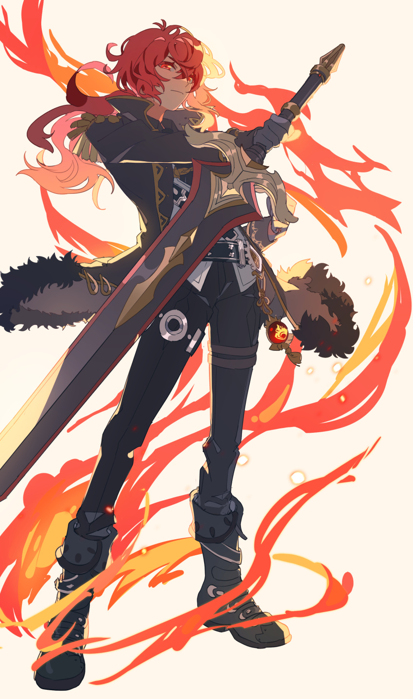 1boy absurdres bangs belt black_footwear black_gloves black_jacket black_pants boots diluc_(genshin_impact) fire full_body fur-trimmed_jacket fur_trim genshin_impact gloves hair_between_eyes highres holding holding_sword holding_weapon jacket kkaags long_hair male_focus pants ponytail red_eyes redhead simple_background solo standing sword vision_(genshin_impact) weapon