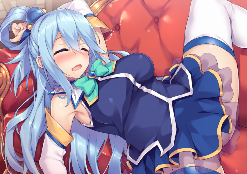 1girl akizora_momiji aqua_(konosuba) arm_up ass bangs bare_shoulders blue_hair blue_shirt blue_skirt blush bow breasts closed_eyes commentary_request couch detached_sleeves gem green_bow green_neckwear hair_between_eyes hair_ornament hair_rings kono_subarashii_sekai_ni_shukufuku_wo! large_breasts long_hair lying on_back on_couch open_mouth shirt skirt sleeping solo spread_legs thigh-highs white_legwear