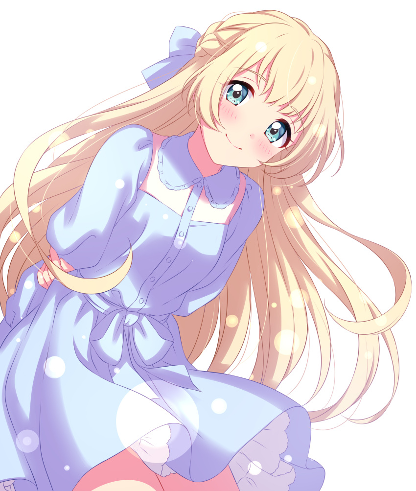 1girl absurdres aikatsu!_(series) aikatsu_stars! arms_behind_back blonde_hair blue_bow blue_dress blue_eyes blush bow closed_mouth dot_nose dress hair_bow head_tilt highres leaning_to_the_side long_hair long_sleeves looking_at_viewer sekina shiratori_hime simple_background smile solo white_background