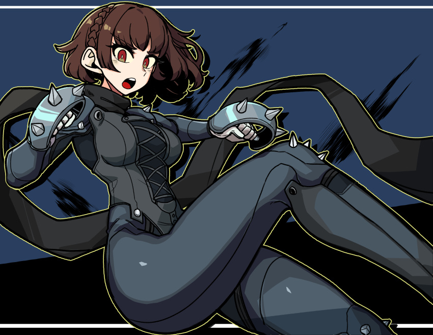 1girl absurdres bangs black_scarf braid breasts brown_hair clenched_hands crown_braid floating floating_hair hair_behind_ear highres leaning_back looking_at_viewer masgamjya medium_breasts niijima_makoto persona persona_5 scarf short_hair solo spiked_knuckles spikes teeth v-shaped_eyebrows