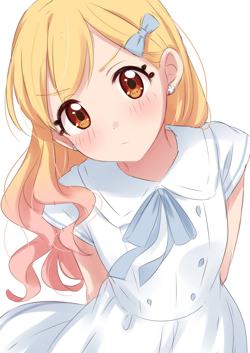 1girl :/ aikatsu! aikatsu!_(series) blonde_hair blue_bow blue_neckwear blue_ribbon blush bow closed_mouth double-breasted dress earrings flower_earrings gradient_hair hair_bow hair_down head_tilt highres jewelry leaning_forward leaning_to_the_side long_hair looking_at_viewer multicolored_hair neck_ribbon nijino_yume pink_hair ribbon sekina solo white_dress