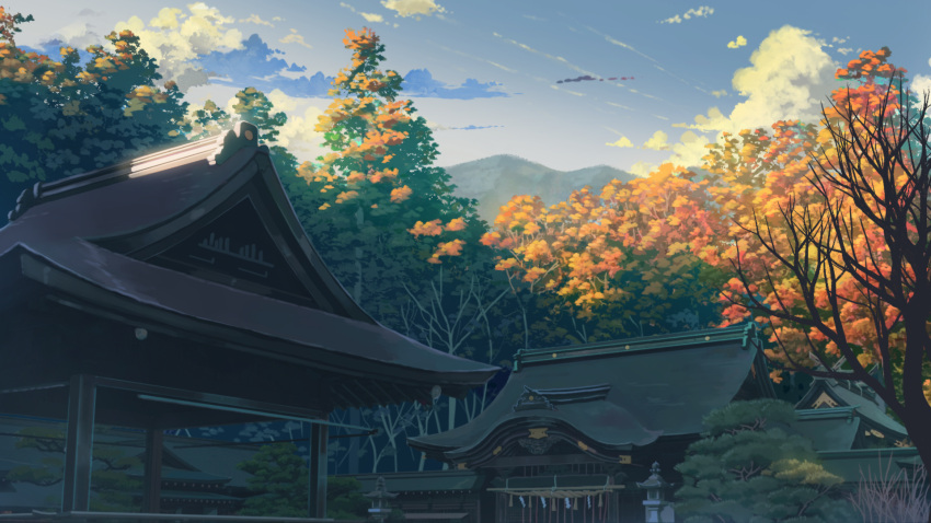 architecture autumn_leaves clouds east_asian_architecture evening highres kamo_nasus. mountain mountainous_horizon no_humans original scenery shrine sky tree