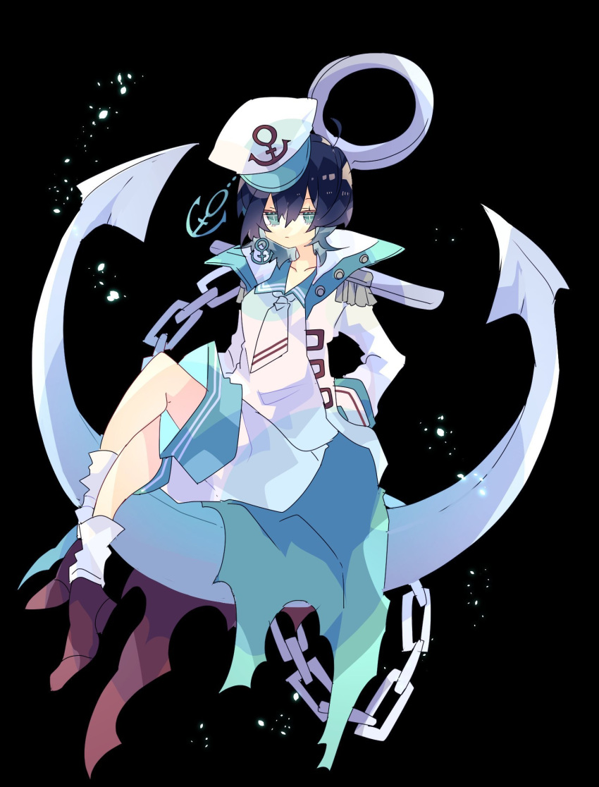 adapted_costume anchor anchor_symbol black_background black_hair brown_footwear chain commentary_request crossed_legs epaulettes full_body green_eyes hands_in_pockets highres jacket long_sleeves looking_at_viewer murasa_minamitsu neckerchief nikorashi-ka sailor_collar sailor_shirt shirt shoes short_hair shorts simple_background sitting socks touhou white_headwear white_jacket white_legwear white_neckwear white_shirt white_shorts