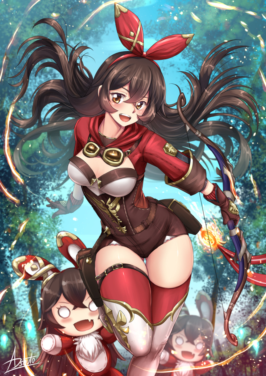 1girl :d adsouto amber_(genshin_impact) animal_ears artist_name ass_visible_through_thighs baron_bunny belt belt_pouch blush boots bow_(weapon) breasts brown_eyes brown_gloves brown_hair brown_shorts corset fake_tail fang fire genshin_impact gloves hair_ribbon hairband highres holding holding_bow_(weapon) holding_weapon leg_up long_hair long_sleeves looking_at_viewer medium_breasts o_o open_mouth outdoors pouch rabbit_ears red_hairband red_legwear red_ribbon ribbon running short_shorts shorts shrug_(clothing) skin_fang smile tail thigh-highs thigh_boots thigh_gap thighhighs_under_boots v-shaped_eyebrows very_long_hair vision_(genshin_impact) weapon white_footwear