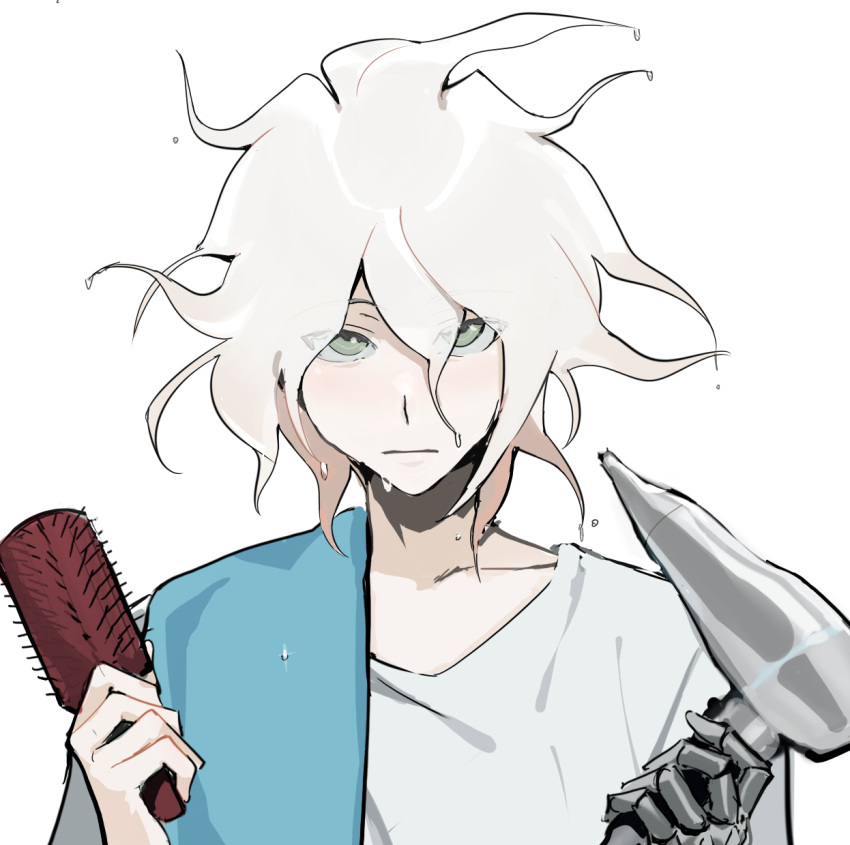 1boy bangs brush collarbone commentary dangan_ronpa face grey_eyes hair_fan hands_up highres holding komaeda_nagito kyandii looking_at_viewer male_focus messy_hair shirt simple_background smile solo super_dangan_ronpa_2 towel upper_body wet wet_hair white_background white_hair white_shirt